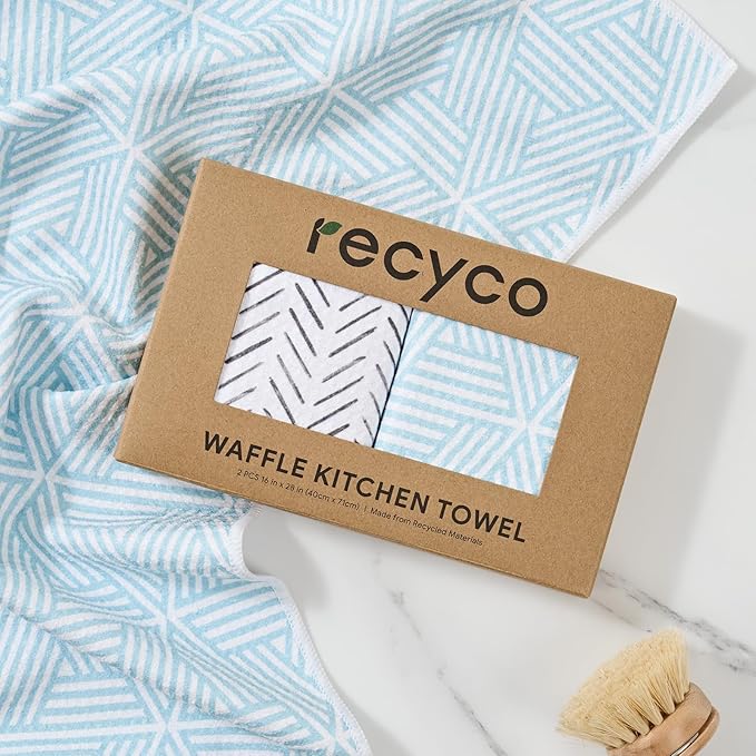 RECYCO Waffle Kitchen Towels Set of 2 Quick Dry Microfiber Sustainable Lightweight Hand Towels Modern Maze 16x28
