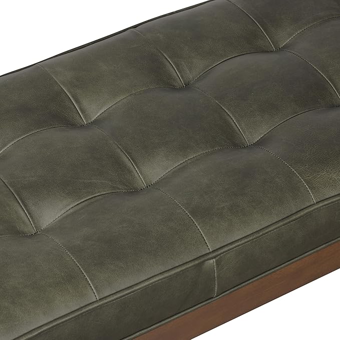 POLY & BARK 55" Tufted Leather Bed Bench for Bedroom End of Bed - Living Room Entry Way Bench - Pure Italian Leather Upholstery with a Solid Wood Frame - Ottoman Bench with Wooden Legs - Olivine Green