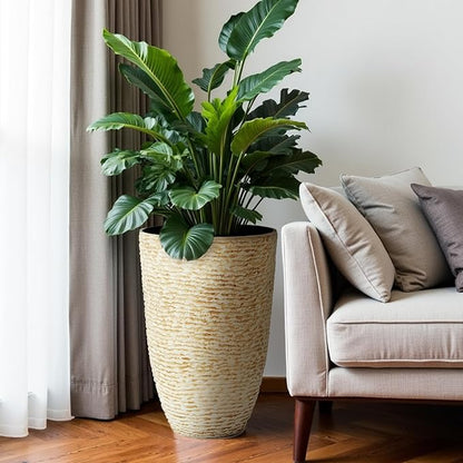 Worth 9 Gallon Tall Round Planters Set of 2-14" Dia x 21" H Stone Finish Flower Pots Indoor Decorative Container Garden Patio Unbreakable Beige