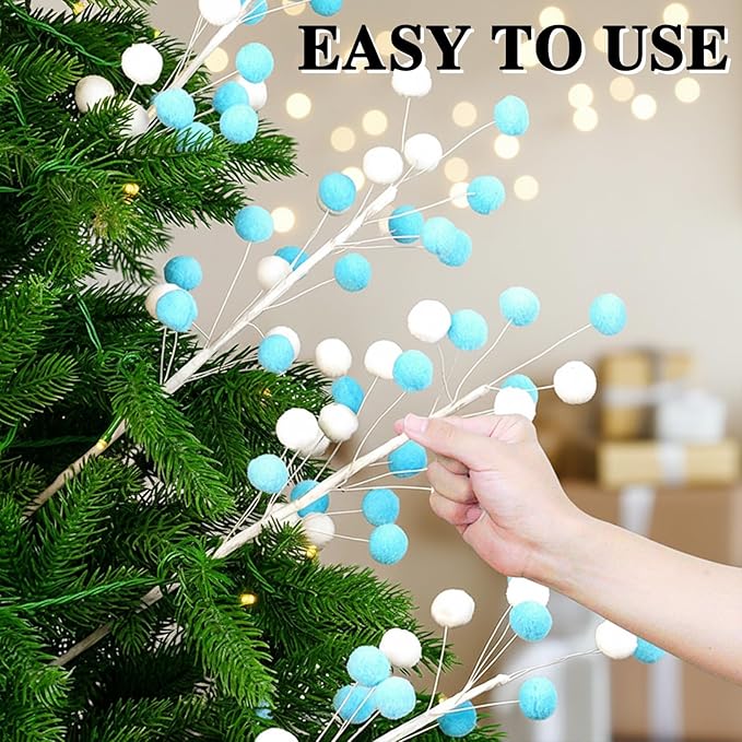 6 Pcs Blue White Pom Poms Christmas Decorations & Felt Christmas Picks and Sprays DIY Xmas Tree Toppers, Festive Tree Filler & Decor (BlueWhite)