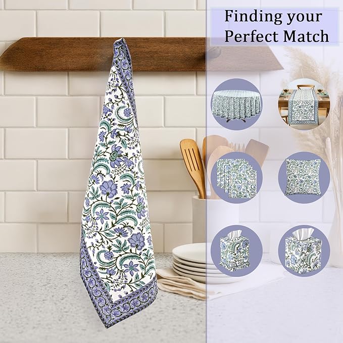 Ridhi Columbia Blue Hand Block Print Waffle Kitchen Towel Set of 3-16 x28 Ultra Absorbent Quick Dry 100% Cotton Dish Towels Lightweight Reusable Sustainable Tea Towels for Cleaning and Drying