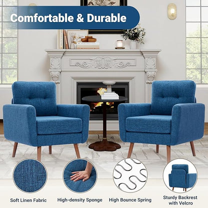 Tbfit Linen Fabric Accent Chairs Set of 2, Mid Century Modern Armchair for Living Room, Bedroom Button Tufted Upholstered Comfy Reading Accent Chair Sofa(Blue)