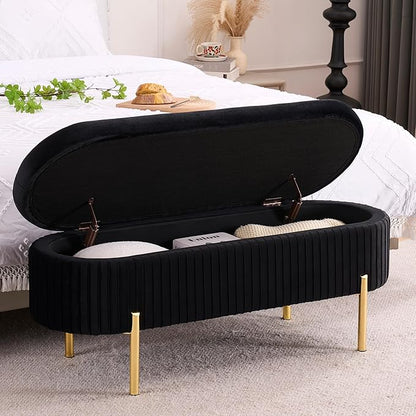 Velvet Storage Bench for Bedroom Upholstered End of Bed Bench Modern Ottoman with Gold Legs for Living Room/Window/Entryway (Black, Oval-45.5" W)