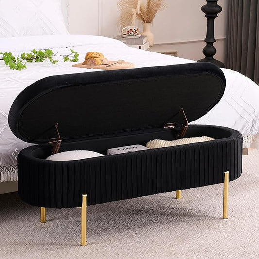 Velvet Storage Bench for Bedroom Upholstered End of Bed Bench Modern Ottoman with Gold Legs for Living Room/Window/Entryway (Black, Oval-45.5" W)