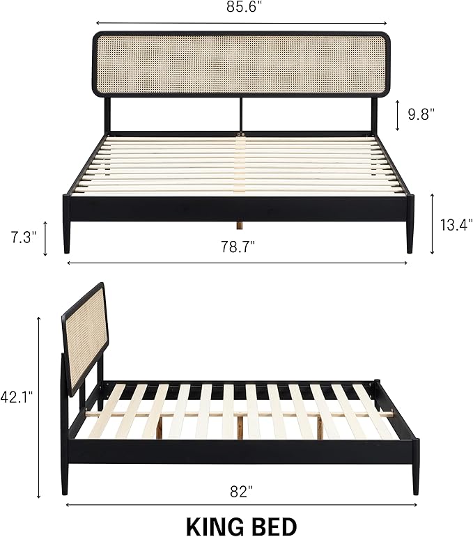 NTC Lupin Wooden Bed Frame with Headboard and Natural Rattan, Solid Oak Foundation with Silent Slats, 1000 Lb Capacity, Effortless Assembly, King - Burnt Black