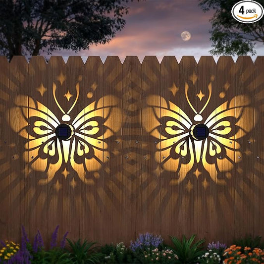 Solar Fence Lights 4 Pack Solar Deck Lamps Outdoor Decorations Powered Step Lights Wall Waterproof LED Warm Decorative Lighting for Garden (Butterfly-Star, 4)