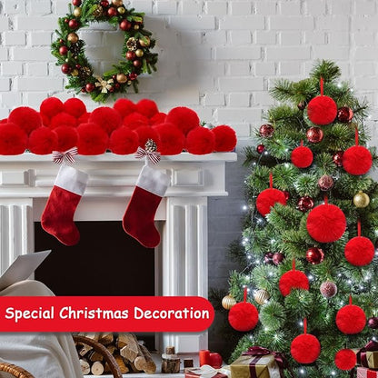 24 Pcs Red Furry Christmas Ball Ornaments for Tree 2.36/3.15/3.94 Inches Pom Pom Ball Christmas Hanging Decoration for Party Supplies Fireplace Mantel Wall Decor