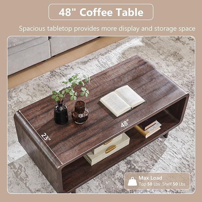 48" Modern Coffee Table, 2-Tier Minimalist Center Table with Storage Shelf, Curved Profile Design, Wooden Rectangular Living Room Table w/Wood Thick Design for Living Room, Office, Brown