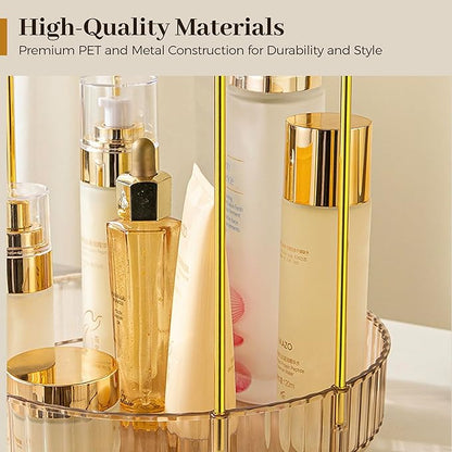 Aveniee 360 Rotating Makeup Organizer for Vanity, Upagraded Perfume Skincare Bathroom Counter Organizers with Brush Divider, Two Tier Spinning Lipstick CosmeticLotion Storage,Gold