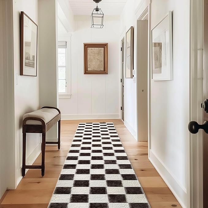 EVERGRACE Checkered Plaid Area Rug 2x10, Soft Fuzzy Faux Wool Rugs Washable Anti Slip Rugs Long Runner Rug Carpet for Entryway Bedroom Living Room Hallway Kitchen Dining Room and Laundry Room, Black