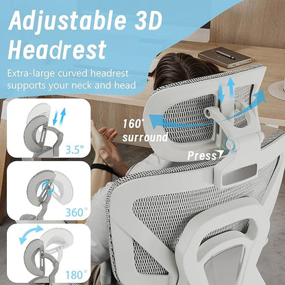 MOJAY High-Back Ergonomic Mesh Office Chair, Modern Executive Desk Chair with 6D Armrests Computer Task Chair (Grey Mesh 3-Zone Lumbar Support)
