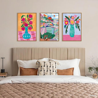 HOURIA Colorful Flower Field Landscape Framed Canvas Wall Art Set,Abstract Pink Floral Wall Decor,Natural Botanical Tree Artwork,Modern Sunrise Art Prints for Living Room,Farmhouse-24 x36 x3