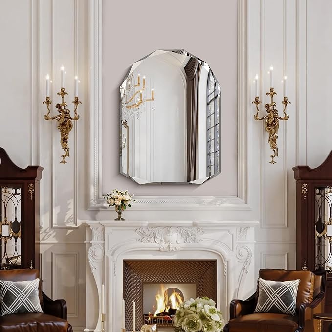 KOCUUY 30"x40" Frameless Wall Mirror, Arched Shape with Diamond-Shaped Beveled Edge,Unframed Decorative with Upgraded Shatterproof Glass,Unique Frameless Mirror for Bathroom,Living Room,Bedroom