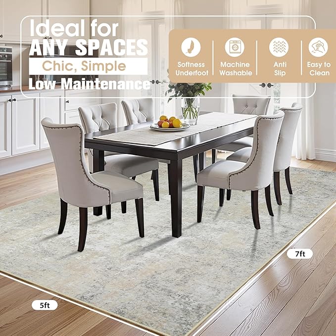 5x7 Area Rugs for Living Room Rug Washable: Abstract Rug for Dining Room Bedroom Carpet Non Slip 5 by 7 Indoor Modern Nursery Home Office Beige Grey