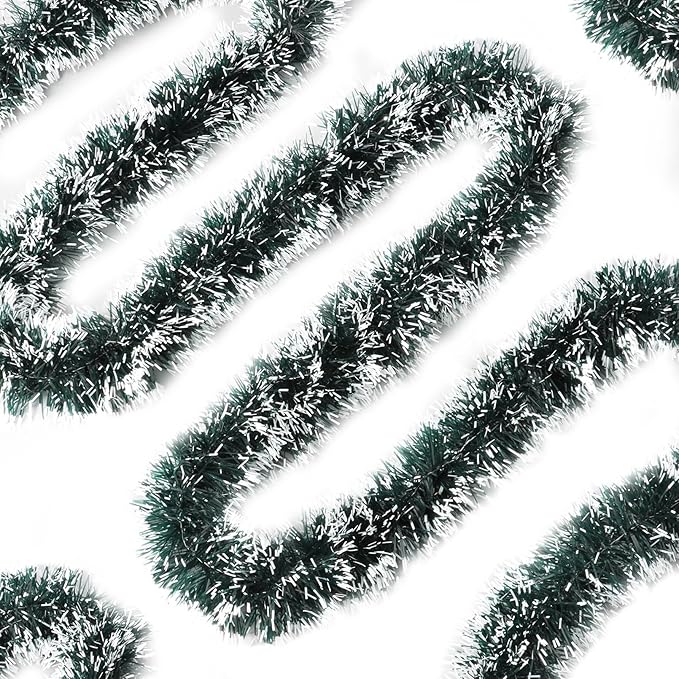 50Ft Christmas Tinsel Garland - Green White Shiny Metallic Twist Decor for Christmas Tree Home Stairs Railing Front Door Mantle Fireplace Indoor Outdoor Holiday Party