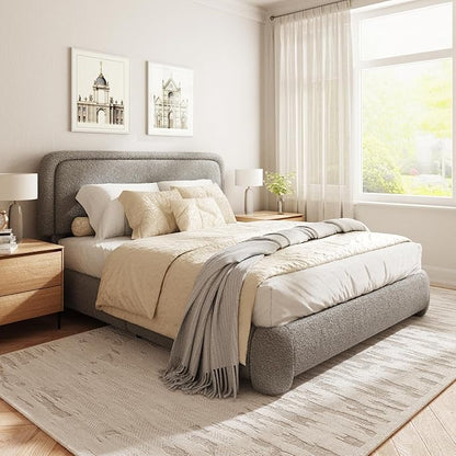 Queen Size Boucle Bed Frame, Cloud Upholstered Platform Bed with Height Adjustable Headboard & Soft Rounded Corners, No Box Spring Needed, Noise Free, Easy Assembly, Light Grey