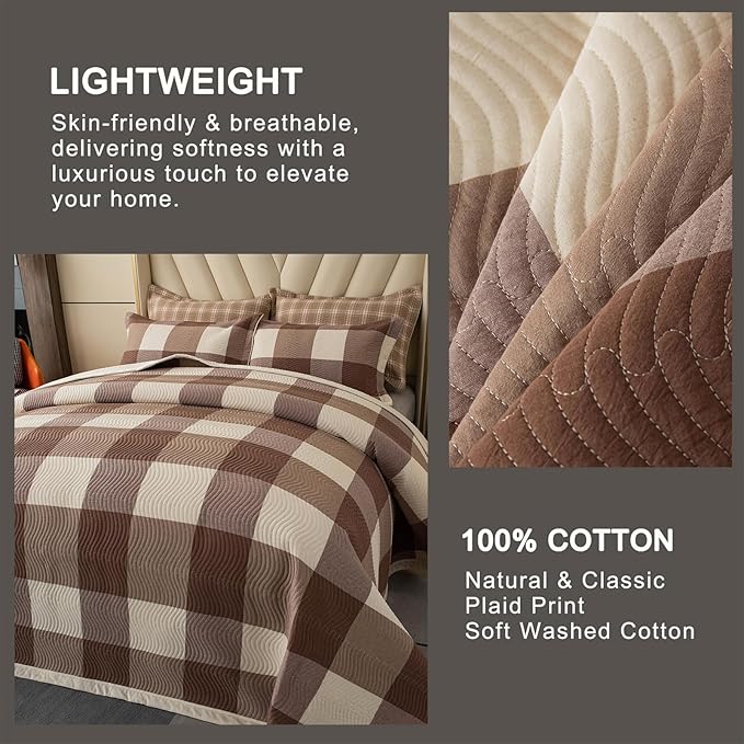 Cotton Plaid Quilt Set King 3 Piece Reversible Bedding, Grid Coffee