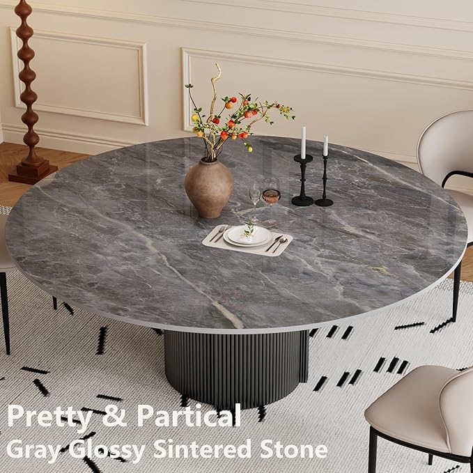 59" Modern Round Dining Table for 6, Gray Sintered Stone Dining Room Table with Black Fluted Metal Pedestal, Easy Assembled Circle Kitchen Table for Home, (Table Only)