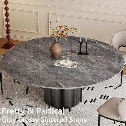 59" Modern Round Dining Table for 6, Gray Sintered Stone Dining Room Table with Black Fluted Metal Pedestal, Easy Assembled Circle Kitchen Table for Home, (Table Only)