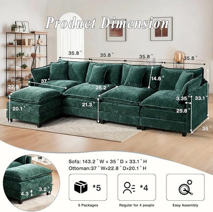 SoarFlash 143.2" Chenille Sectional Sofa, Comfy L Shaped Modular Coush Sofa with Ottoman, Modern 4 Seat Couch Deep Seat Sofa Set for Living Room,Green