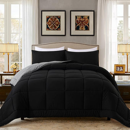DOWNCOOL Full Size Comforter Sets -All Season Bedding Comforters Sets with 2 Pillow Cases -3 Pieces Bed Set Down Alternative Comforter Set -Black/Grey Bedding Sets Full(82"x86")