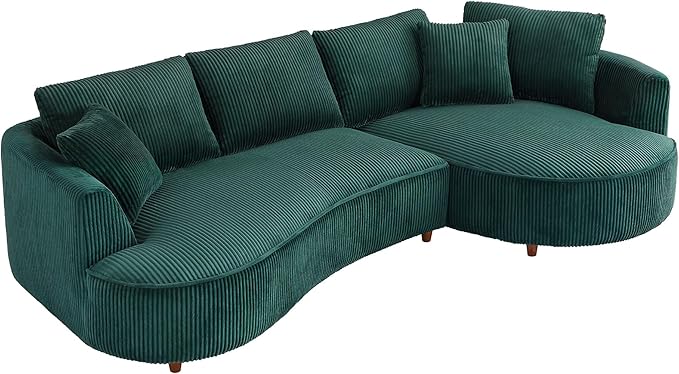 WILLIAMSPACE 122" Modern Curved Sofa Couch, Upholstery Oversized Cloud Sofa Couch with Chaise & Pillows, Right Hand Facing Sectional Couch for Living Room (Right-Facing,Green Corduroy)