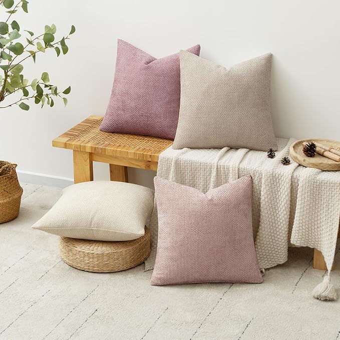 MIULEE Pack of 4 Throw Pillow Covers 18x18 Inch Neutral Pink Cute Decorative Chenille Pillow Covers Farmhouse Boho Accent Cushion Covers for Coquette Room Decor Spring Bedroom Living Room