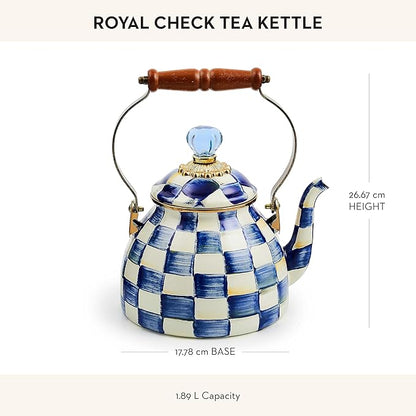MACKENZIE-CHILDS Enamel Tea Kettle, Stylish Tea Kettle for Stovetop, Blue-and-White Royal Check, 2 Quarts