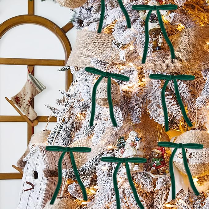 24 Pcs Green Velvet Bows for Christmas Tree, Elegant Dark Green Velvet Christmas Ornaments, 5x7 Inch Pre-Tied Ribbon Bows for Wreaths, Gifts & Holiday Décor (3/8")