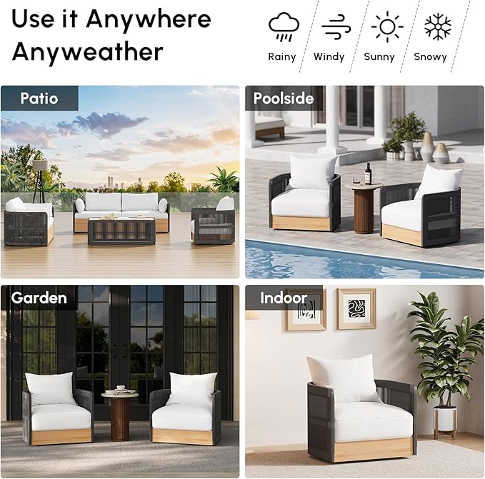 homary Rattan 360° Swivel Chair, Outdoor Chair Wicker Furniture with Thickened Cushions and Aluminum Frame for Garden, Balcony, Indoor, Black and Gray