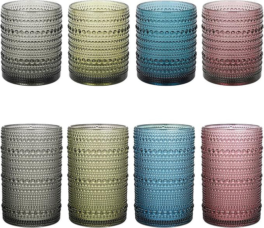 Vintage Hobnail Drinking Glasses Set of 8,Colored 12 oz & 15oz Highball Glass Cups, Kitchen Drinkware Glassware