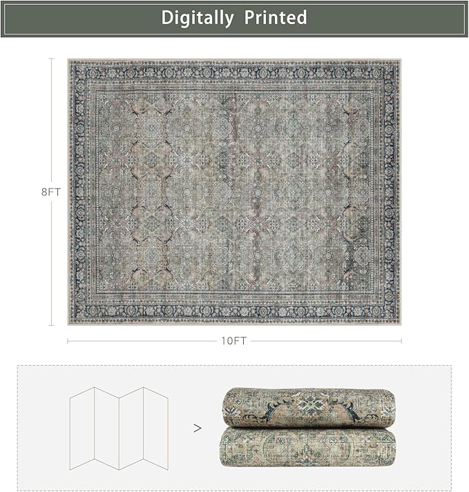 Washable Rugs 8x10 Area Rugs for Living Room,Rugs for Bedroom,Large Carpets,Ultra Soft Faux Wool Retro Dining Room Rug,Non Slip&Non-Shedding Low Pile Vintage Print Rug for Home Office,Green