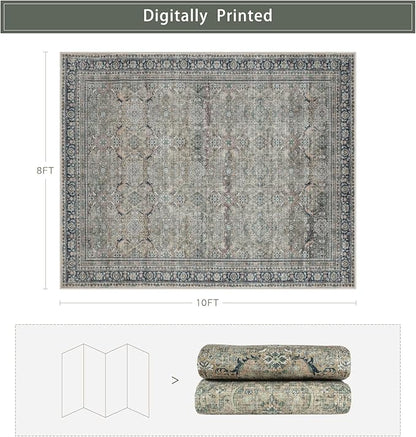 Washable Rugs 8x10 Area Rugs for Living Room,Rugs for Bedroom,Large Carpets,Ultra Soft Faux Wool Retro Dining Room Rug,Non Slip&Non-Shedding Low Pile Vintage Print Rug for Home Office,Green