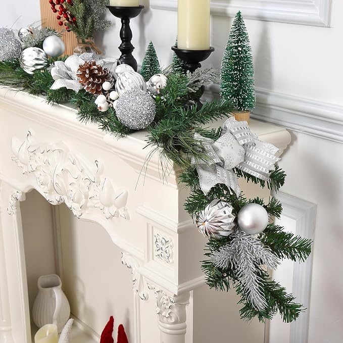 6FT Pre-Lit Christmas Garland with 20 LED Lights, Artificial Silver Garland with Pinecones, Berries, Silver Ornaments, Glitter Ribbons & Leaves, Battery Operated, for Mantle, Fireplace, Staircase,