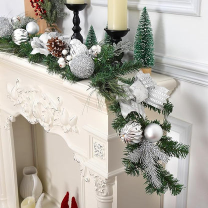 6FT Pre-Lit Christmas Garland with 20 LED Lights, Artificial Silver Garland with Pinecones, Berries, Silver Ornaments, Glitter Ribbons & Leaves, Battery Operated, for Mantle, Fireplace, Staircase,