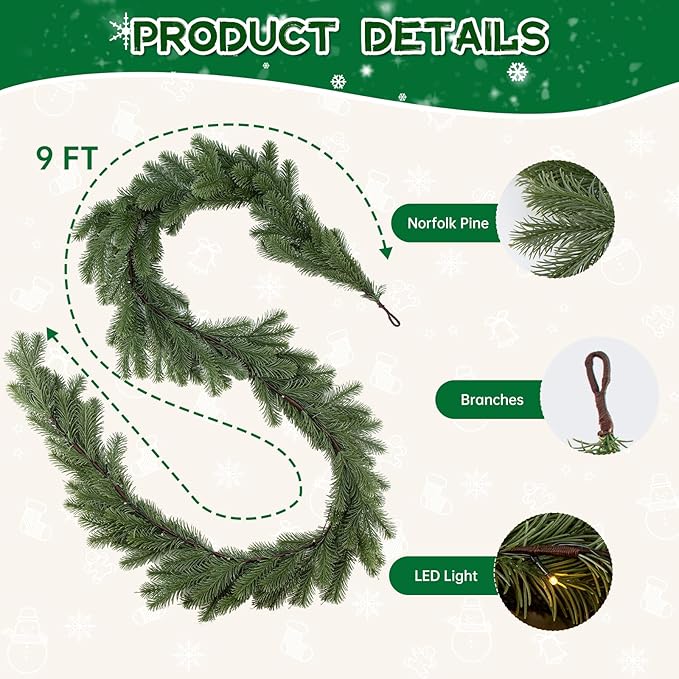 Bluesea 9FT Christmas Norfolk Pine Garland, Real Touch Pine, Faux Greenery Garland for Fireplace,Table, Stairs, Mantle, Window,Indoor Outdoor,Home,Holiday Decor（1 Pcs