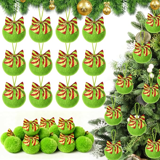 36 Pcs Lime Green Furry Christmas Ball Ornaments，3.15 Inch Xmas Tree Green Christmas Hanging Decorations Soft Faux Fur Pom Pom Ball Ornaments for Home Party Supplies Fireplace Mantel Wall Decor