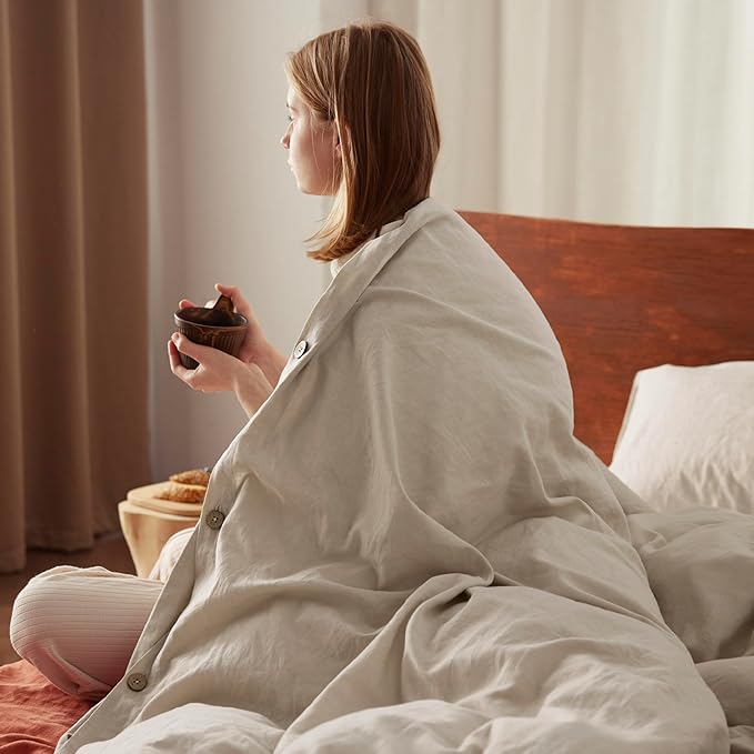 Bedsure Linen Duvet Cover King Size - Linen Cotton Blend Bedding Set, Soft & Cozy, 3 Pieces, 1 Duvet Cover 104x90 Inches and 2 Pillowcases, Natural Color Cooling Bedding, Comforter Sold Separately