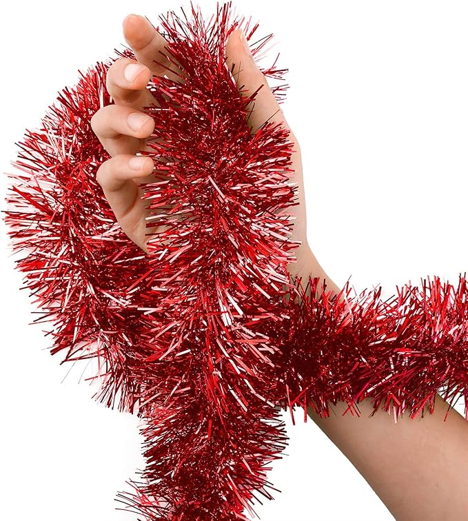 WILLBOND 50 ft Christmas Tinsel Garland Metallic Tinsel Twist Garland Christmas Tree Decorations New Year Wedding Birthday Hanging Decorations Party Supplies, 3 Inch(Red)