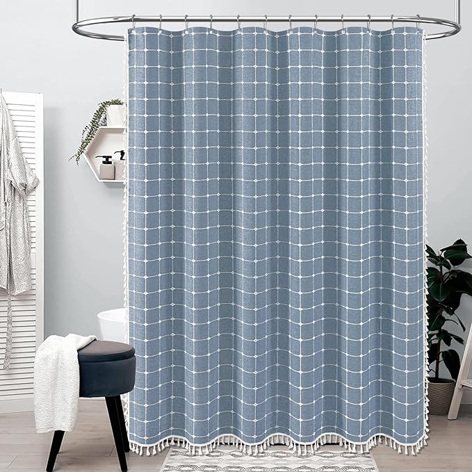 BTTN Boho Shower Stall Curtain - 36x72 Narrow Linen Ultra Thick Tassel Fabric Shower Curtain Set with 6 Plastic Hooks, Half Modern Farmhouse French Country Weighted Shower Curtains for Bathroom - Blue