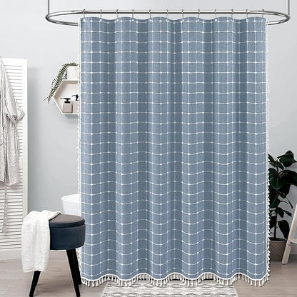BTTN Boho Shower Stall Curtain - 36x72 Narrow Linen Ultra Thick Tassel Fabric Shower Curtain Set with 6 Plastic Hooks, Half Modern Farmhouse French Country Weighted Shower Curtains for Bathroom - Blue