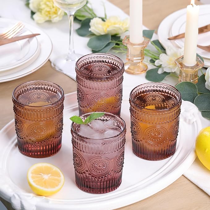 Vintage Glassware Drinking Glasses Set of 4-10.5 oz Purple Glasses Water Tumbler, Embossed Glassware Cups for Juice, Beer, Cocktail, Whiskey, Various Mixed Drinks