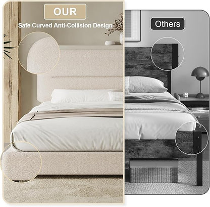 Full Size Boucle Bed Frame, Upholstered Cloud Bed with Headboard Soft,Modern Style/Thickened Footboard/Rounded Corners Design/No Box Spring Required/Easy Assembly, Beige