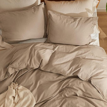 Bedsure Linen Duvet Cover Queen - Linen Cotton Blend Bedding Set, Soft & Cozy, 3 Pieces, 1 Duvet Cover 90x90 Inches and 2 Pillowcases, Brown Color Cooling Bedding, Comforter Sold Separately