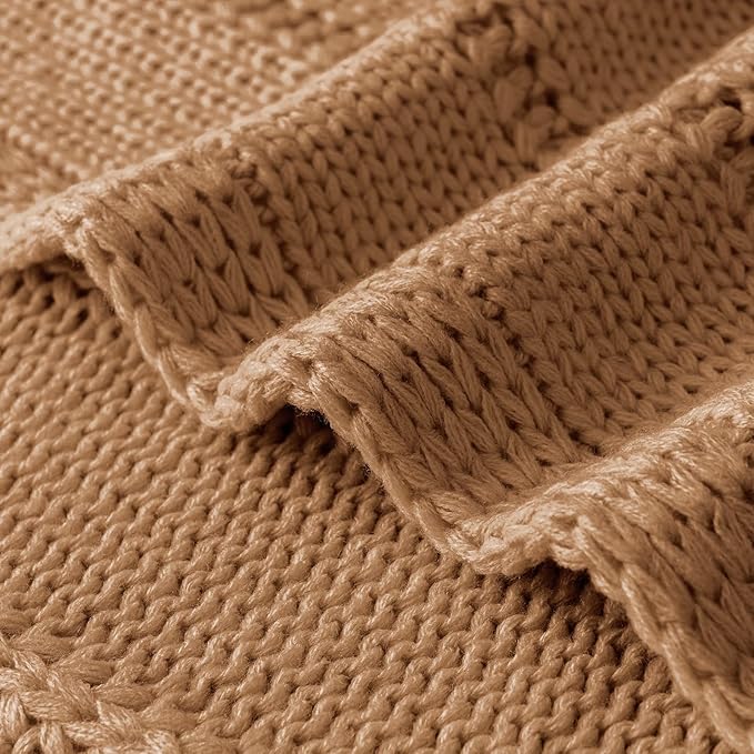 RECYCO Cable Knit Light Brown Throw Blanket, Super Soft Warm Cozy Decorative Knitted Throw Blanket 2.3LB for 50"x60"
