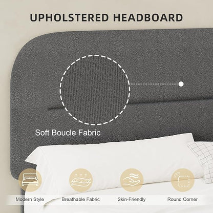 HOMBCK Queen Bed Frame Upholstered Boucle with Headboard/Thickened Footboard/Rounded Corners/No Box Spring Needed/Easy Assembly, Grey