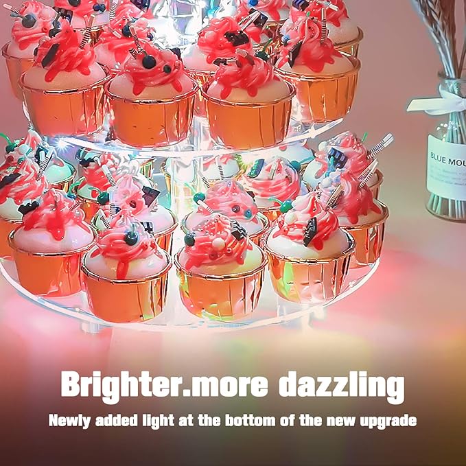 YestBuy 4 Tier Round Cupcake Stand – Premium Cupcake Holder – Acrylic Cupcake Tower Display – Display for Pastry + LED Light String – Ideal for Weddings, Birthday Parties & Events (Multicolored)