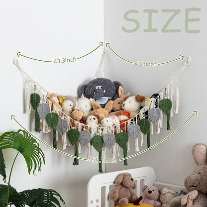 Pretty Jolly Stuffed Animal Storage with Hand Woven Leaf Tassels Hammock Corner Hanging Net Boho Macrame Plush Storage for Kid Room Nursery Decor Wall Display for Girls Gift(Gray&Green)
