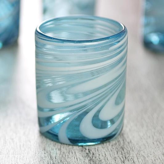 NOVICA Light Blue And White Swirl Hand Blown Glass Rock Glasses, 11 Oz, 'Whirling Aquamarine' (Set Of 6)