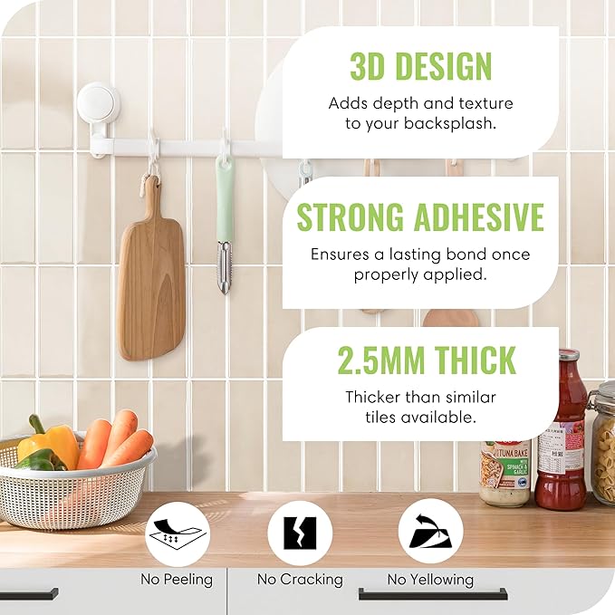 5 Pack Peel and Stick Backsplash Subway Tiles, Extra Thick 3D Wall Panels, Heat & Water Resistant, Easy DIY Kitchen, Bathroom, Laundry, Fireplace & Rental Home Wall Décor (12 x 12 in), Almond